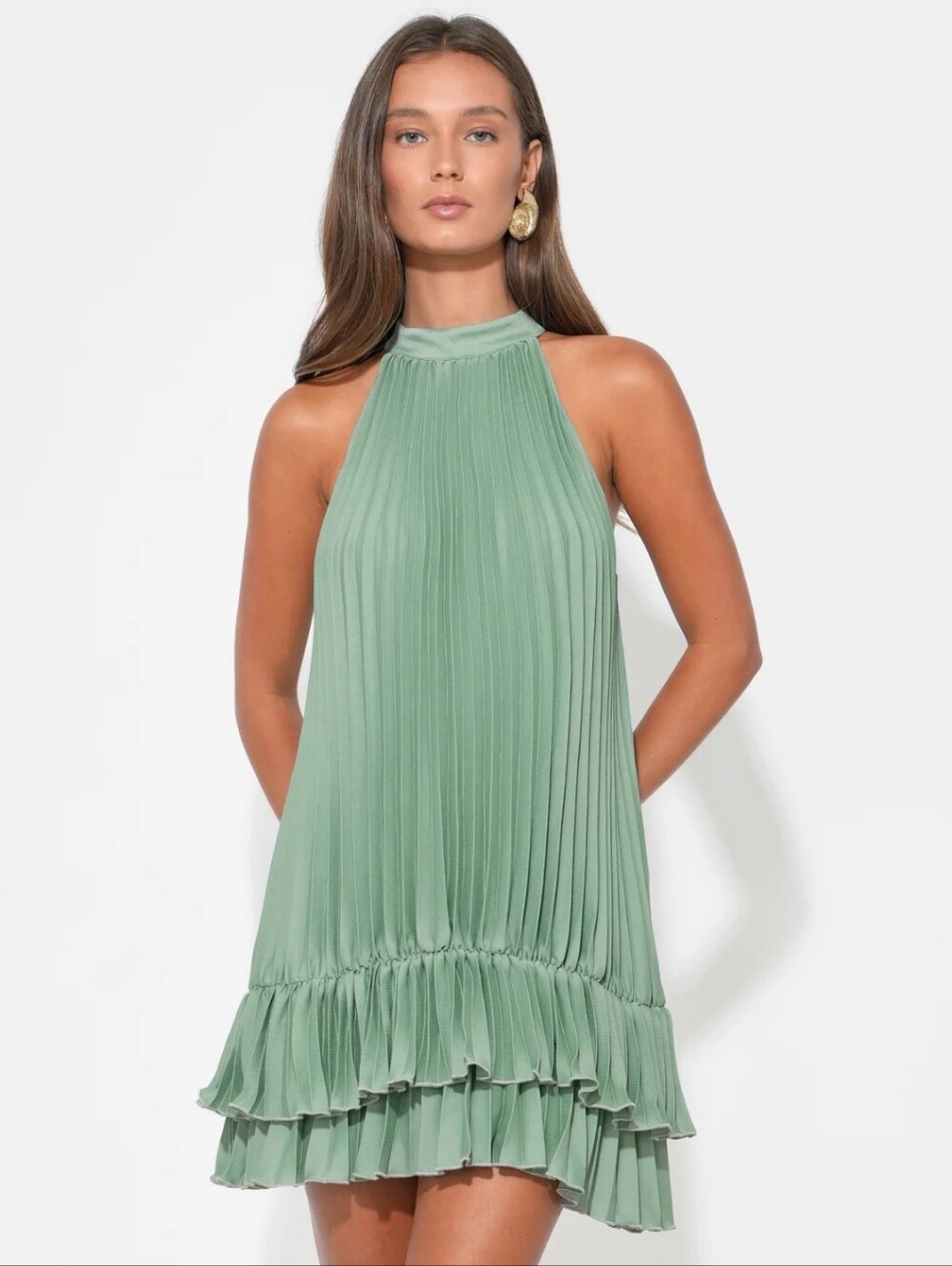 ADELYN RAE Brielle Halter Pleated Mini Dress in Sea jade NEW Sixe XS